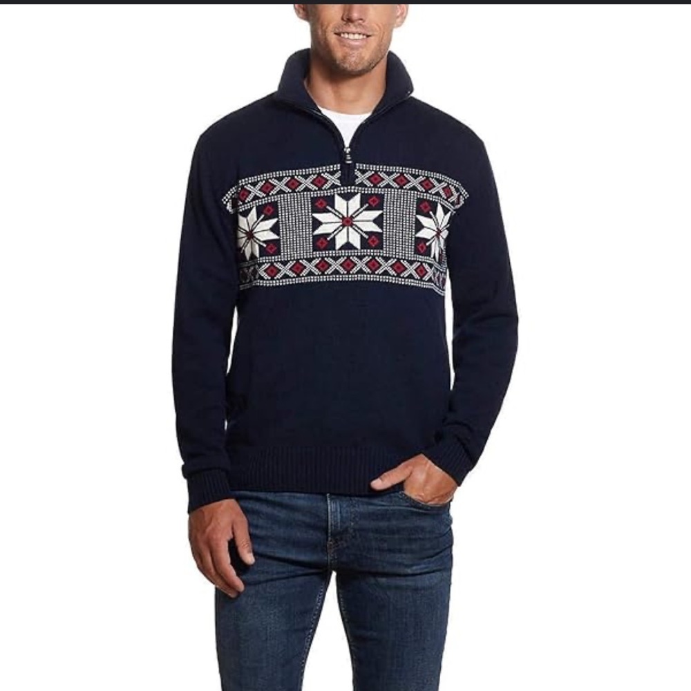 Original Weatherproof 100% Cotton Fair Isle Holiday 3/4 Zip Crop Neck Sweater XL